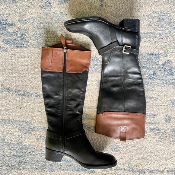 FRANCO SARTO BLACK BROWN TALL LEATHER BUCKLE RIDING BOOTS SIZE 7 LIKE NEW - Picture 1 of 8